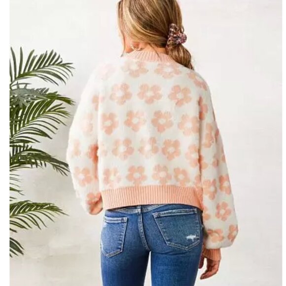 Floral Print Cropped Sweater Womens Size Small Peach Mint - Picture 2 of 10